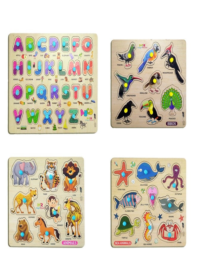 HIGHROOF® Kids Fort Pre Nursery Educational Jigsaw Puzzles for Adults Kids Learning Toys Kit Board Game 4 pcs Set of ABCD Alphabets Birds Animals & Sea Animals Educational Toy - Image 1